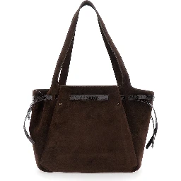 Romy Brown Shoulder bag with Logo Plate Strap on Front and Magnetic Closure in Suede for Women