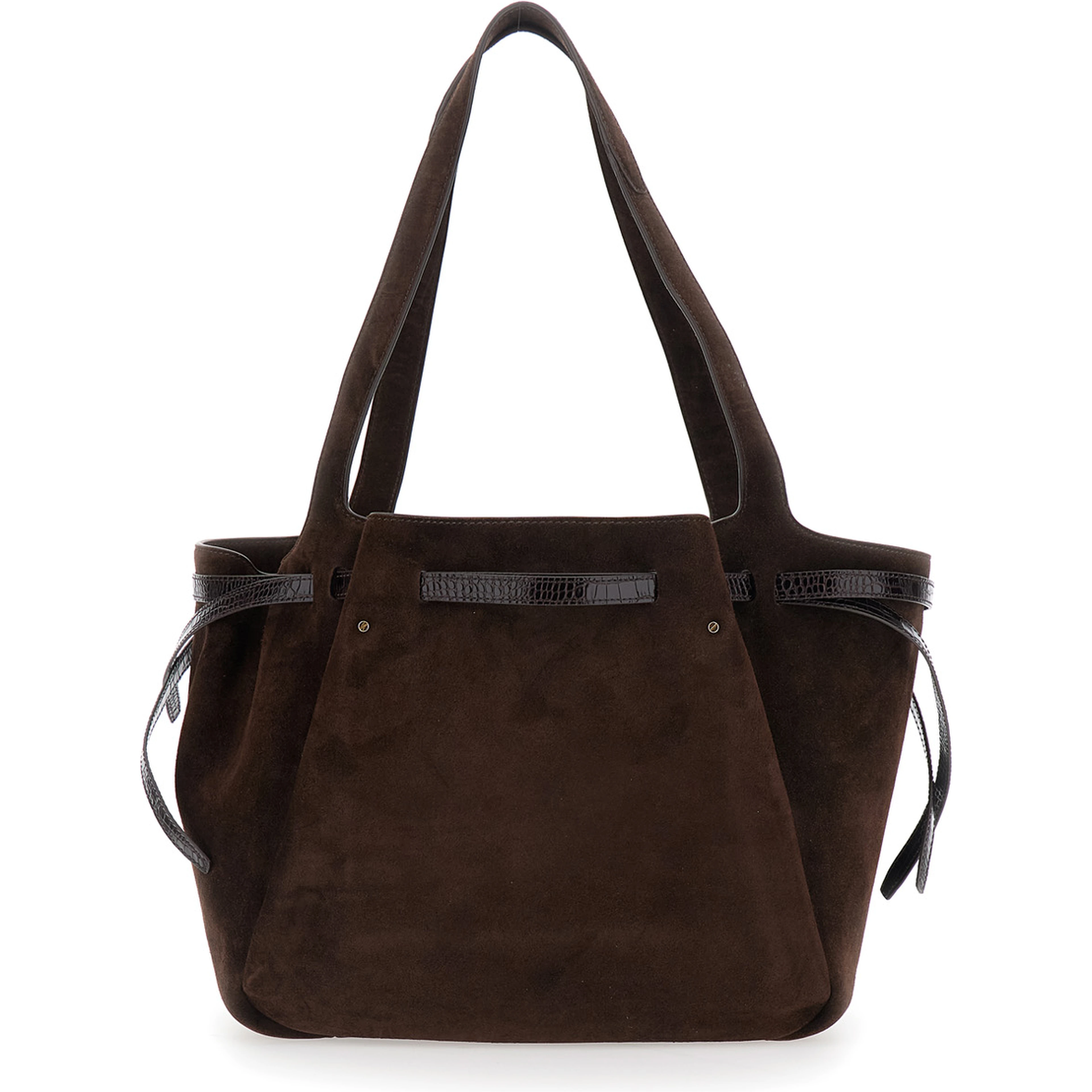 Romy Brown Shoulder bag with Logo Plate Strap on Front and Magnetic Closure in Suede for Women