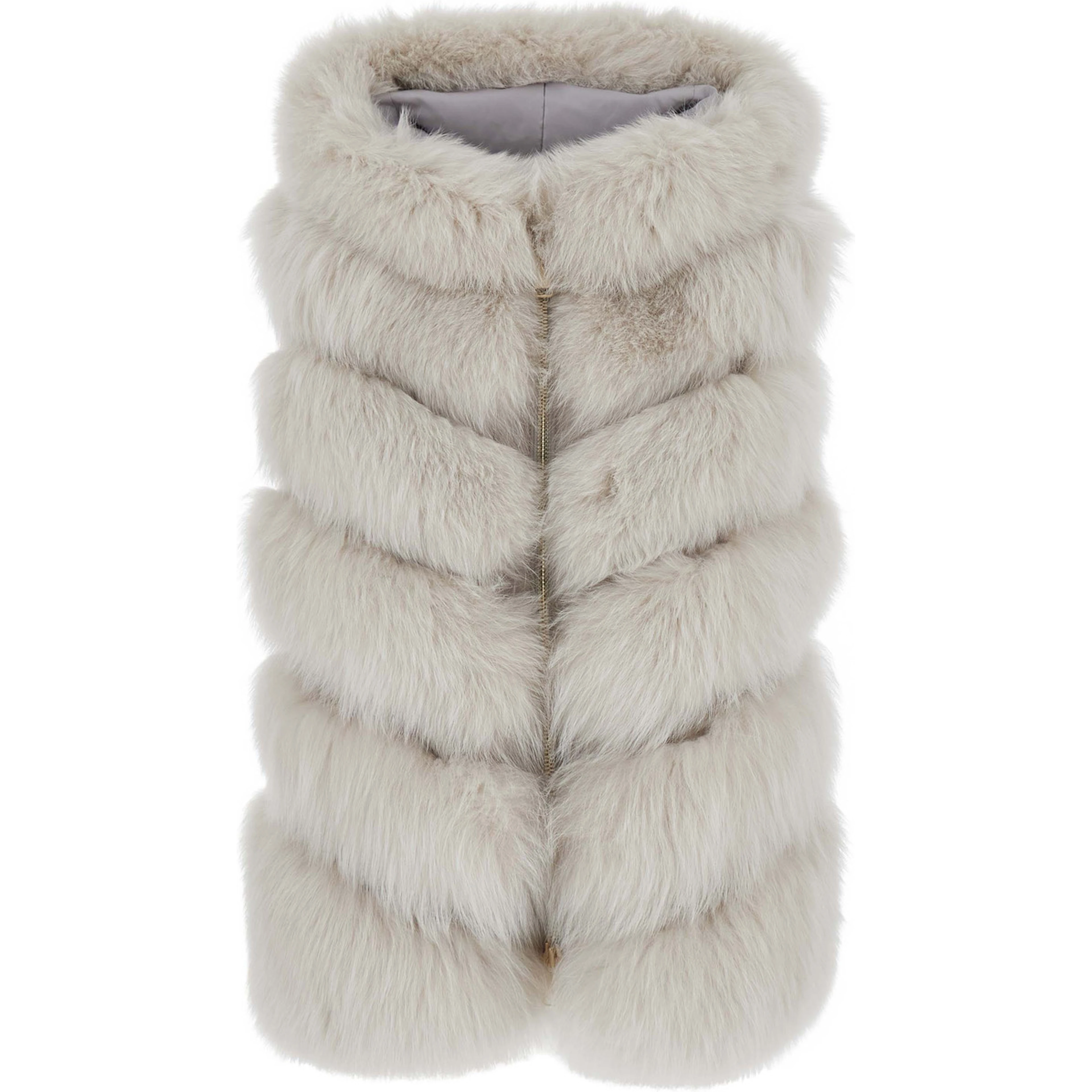 white fur with raised collar and front zip closure in fur for women