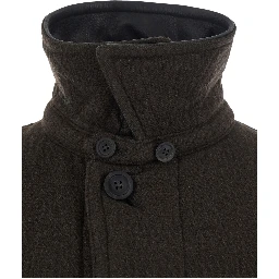 TRIMMING LEATHER PATCHWORK COAT with collar, long sleeves and central closure, in wool and nylon, brown, unisex