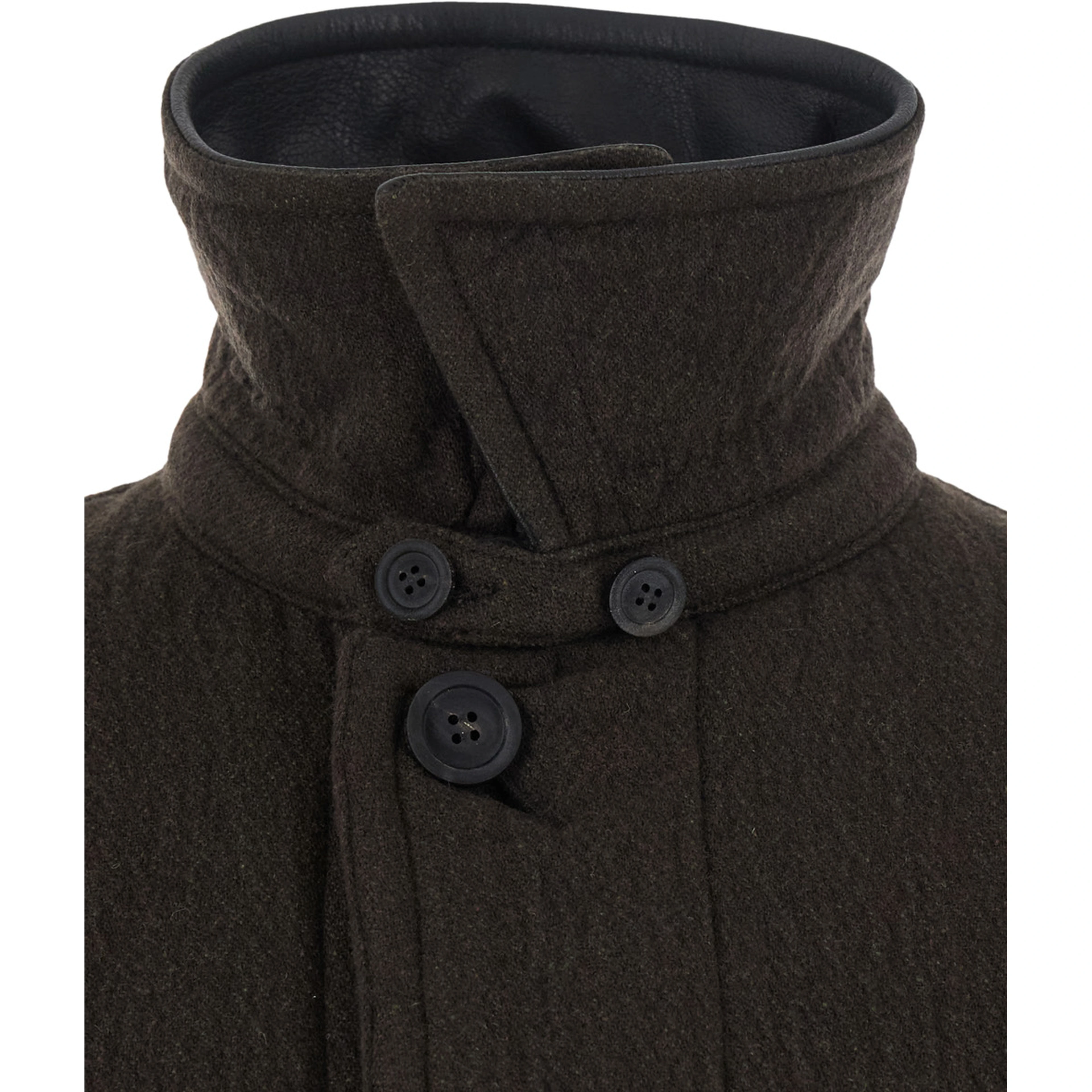 TRIMMING LEATHER PATCHWORK COAT with collar, long sleeves and central closure, in wool and nylon, brown, unisex
