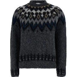 Gray Crewneck Sweater with Geometric Motif All-Over in Blend Wool for Women