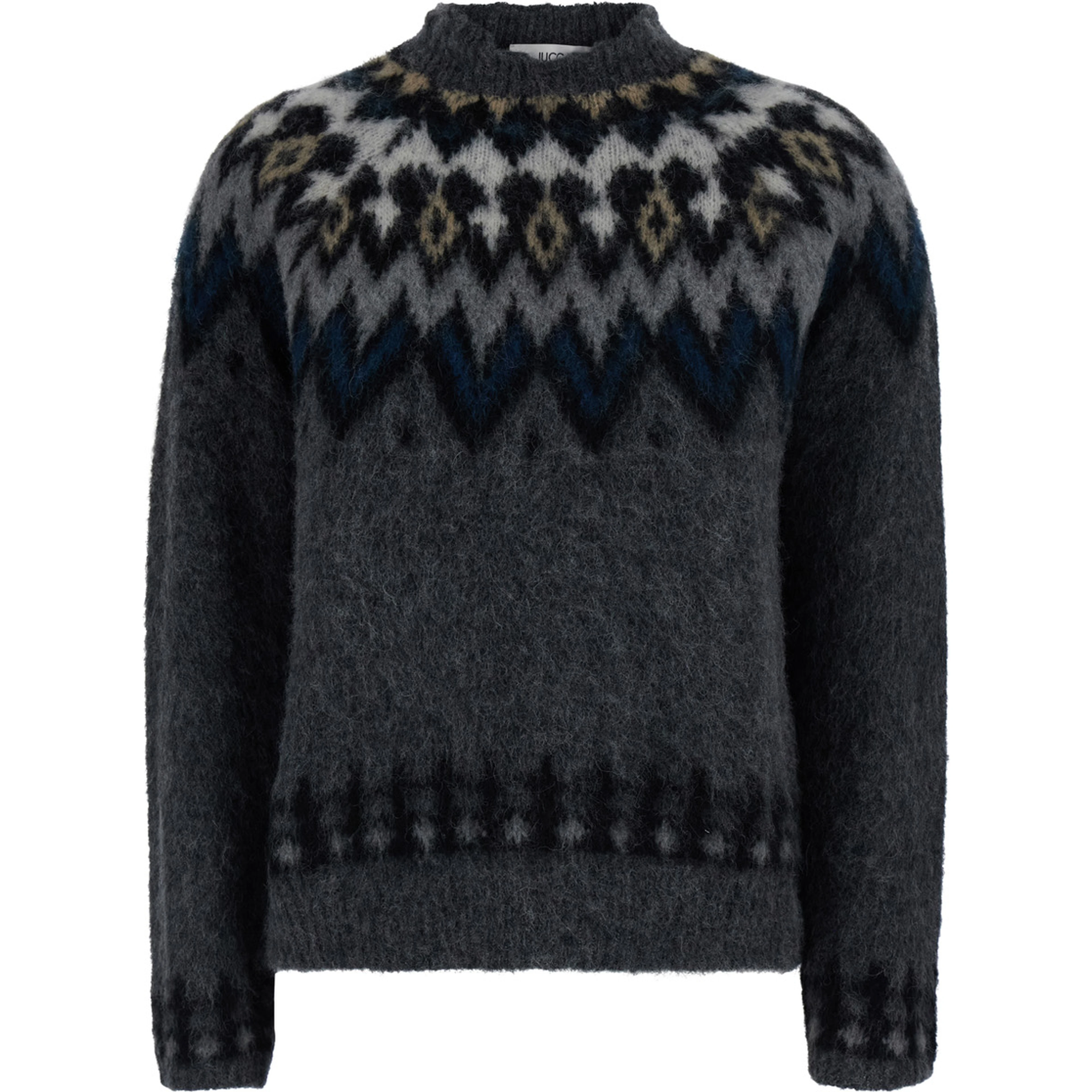 Gray Crewneck Sweater with Geometric Motif All-Over in Blend Wool for Women