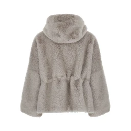 Gray Short Shearling Jacket with fixed hood in ecofur for women