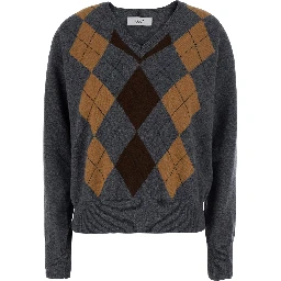 Argyle Pattern Sweater with V-Neck in Gray