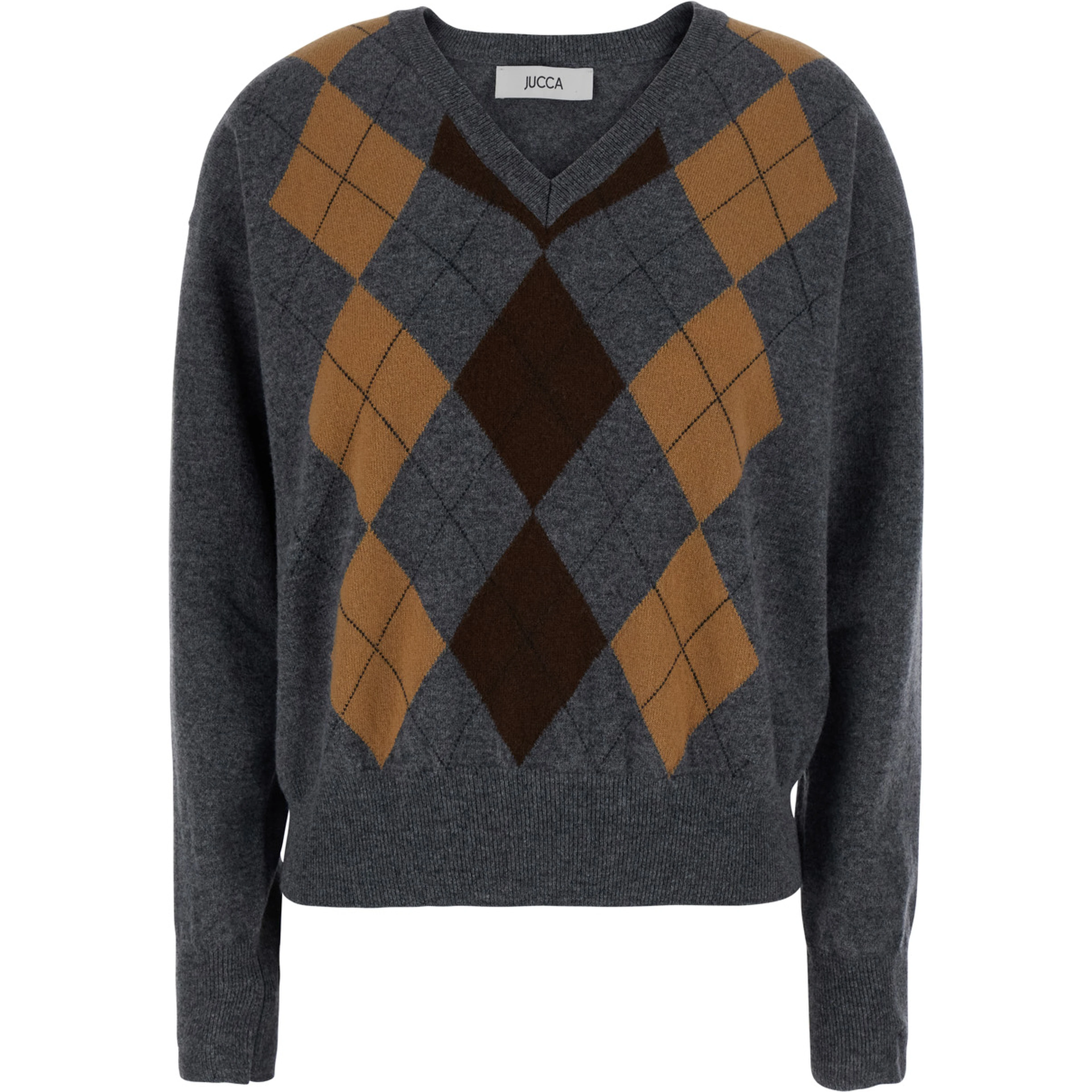 Argyle Pattern Sweater with V-Neck in Gray