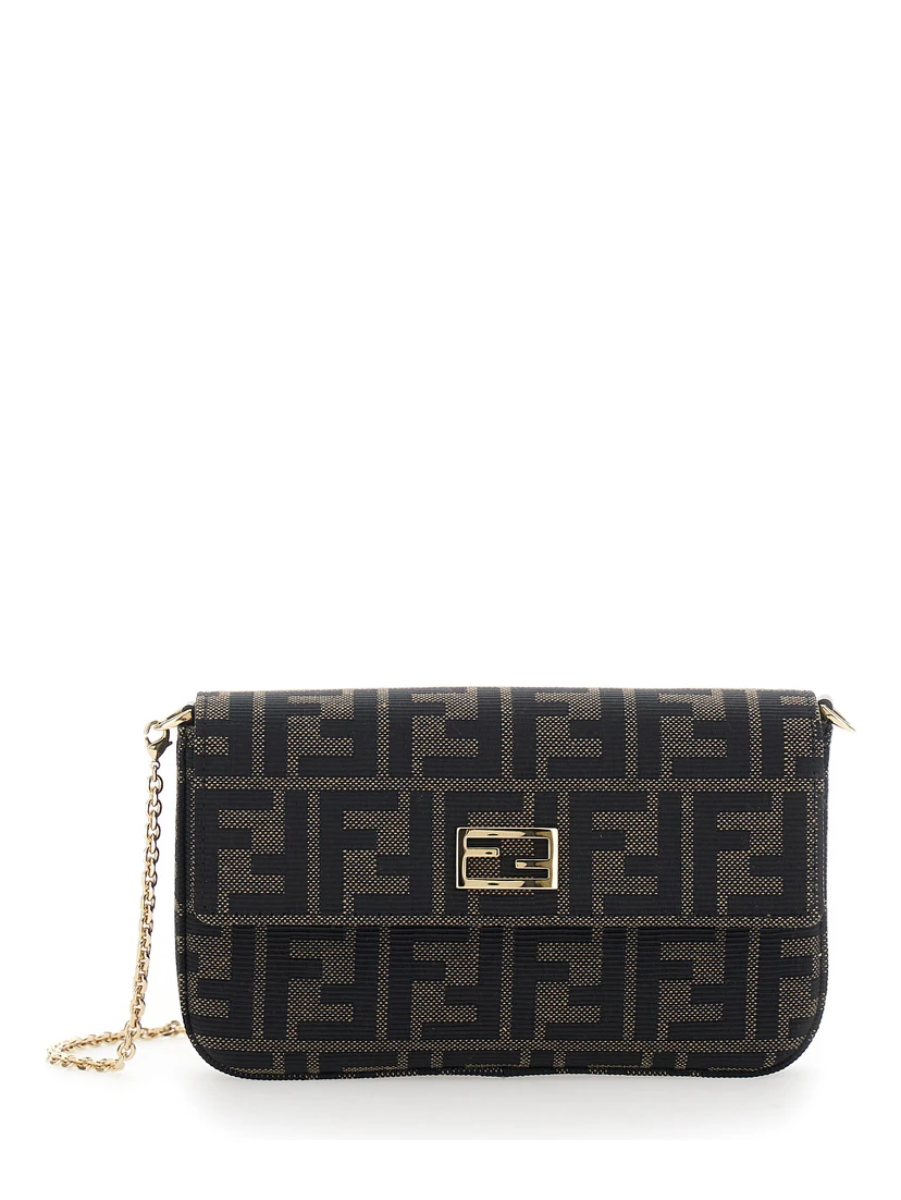 Brown Crossbody bag with chain strap and FF plate on the front in FF canvas for women