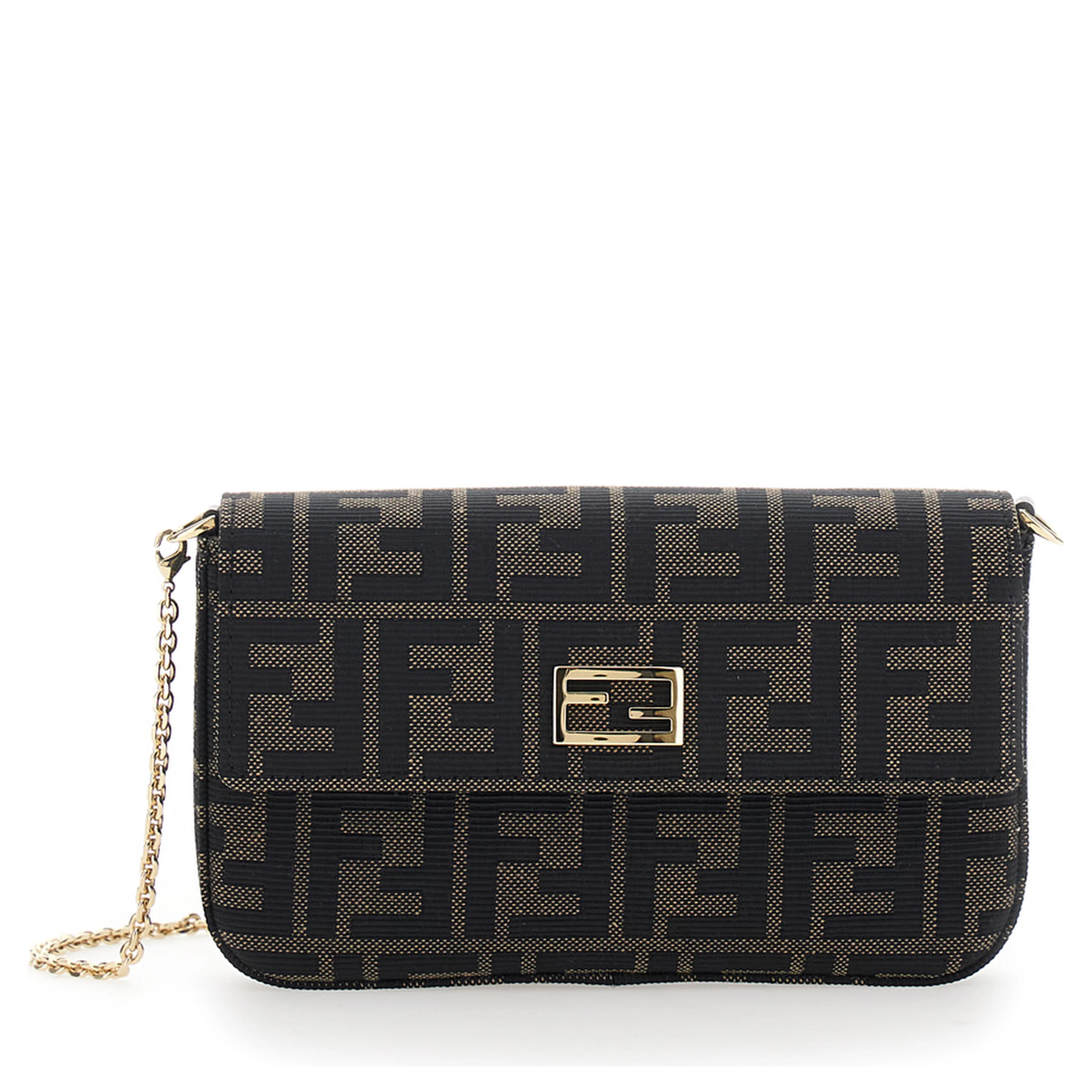 Brown Crossbody bag with chain strap and FF plate on the front in FF canvas for women