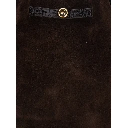 Romy Brown Shoulder bag with Logo Plate Strap on Front and Magnetic Closure in Suede for Women