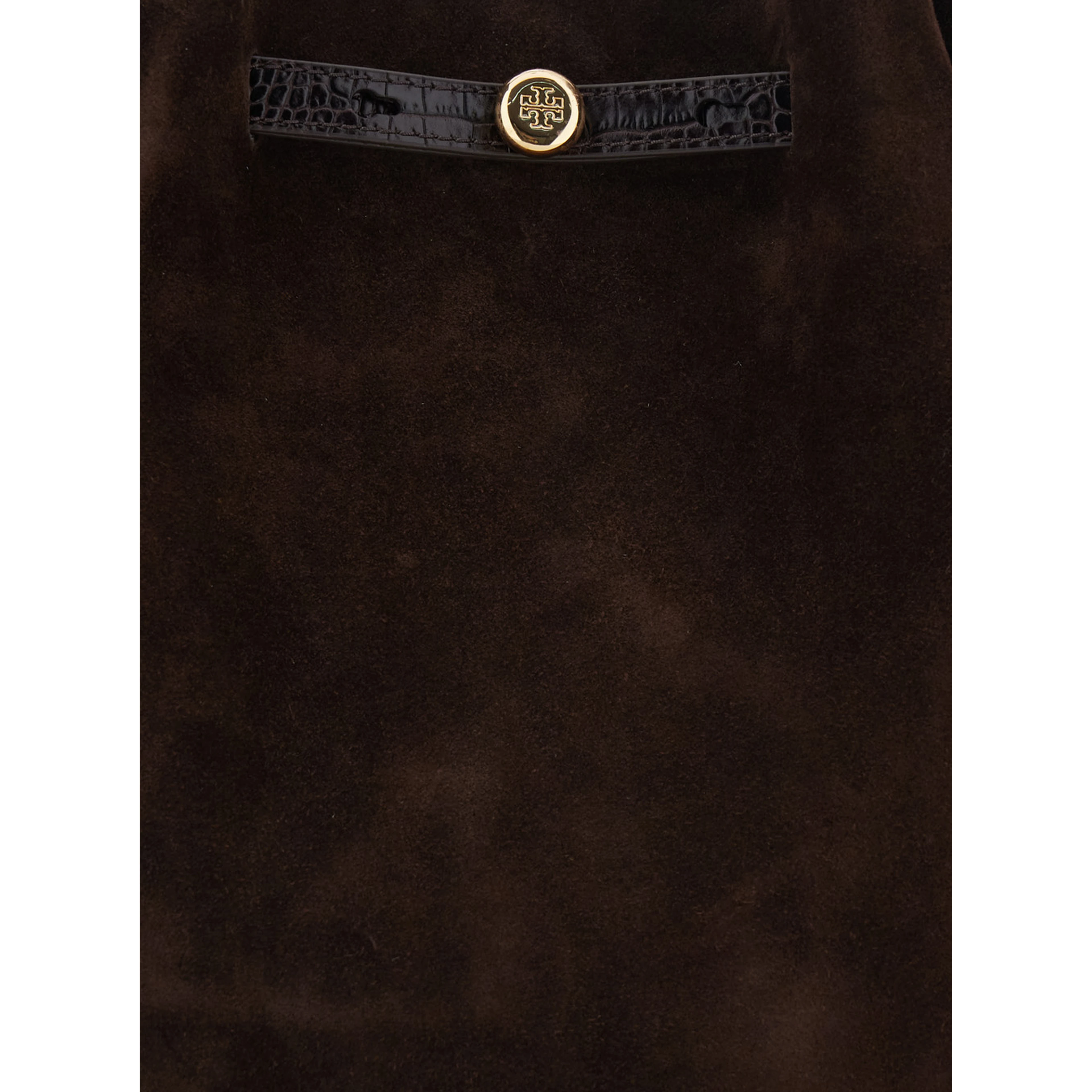 Romy Brown Shoulder bag with Logo Plate Strap on Front and Magnetic Closure in Suede for Women