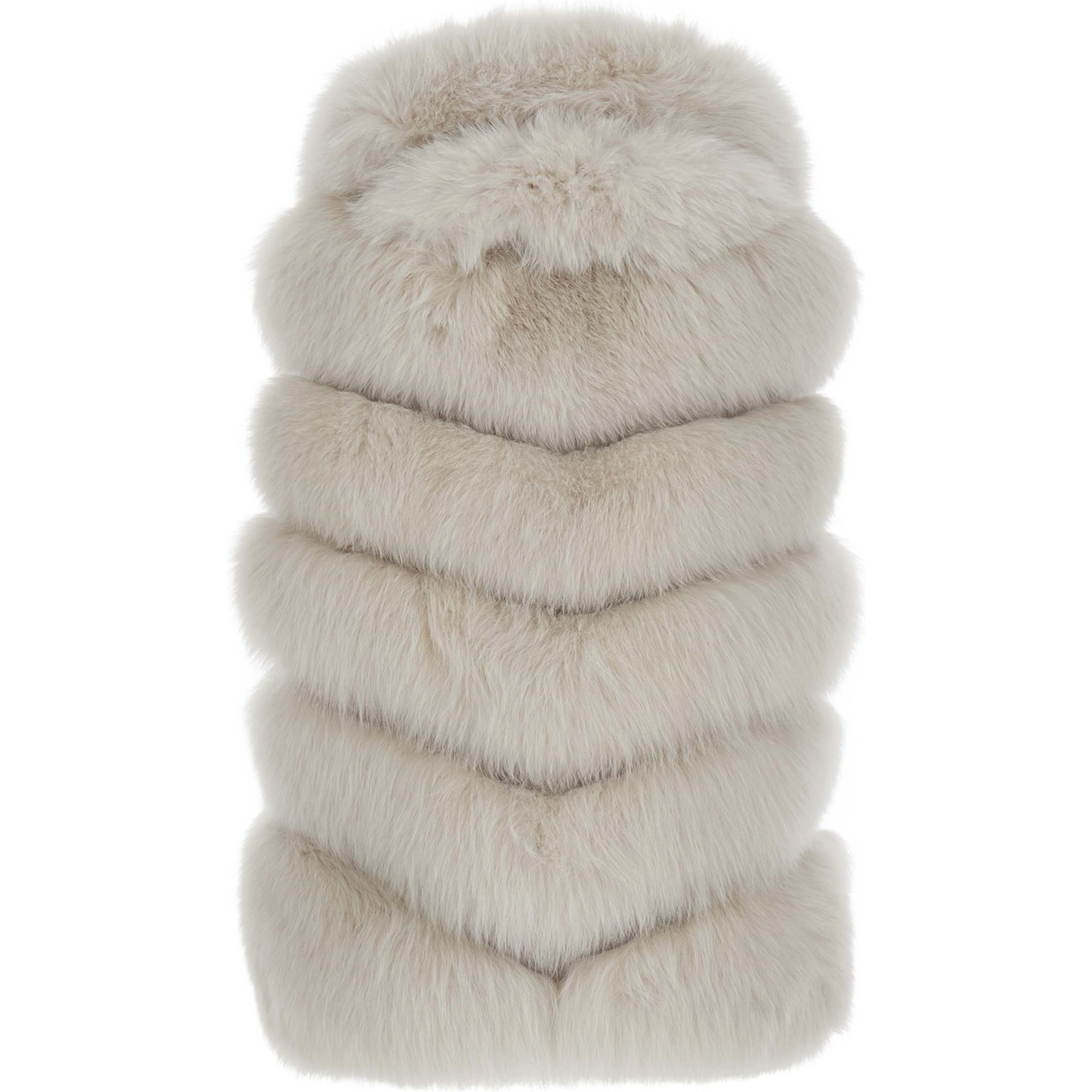 white fur with raised collar and front zip closure in fur for women