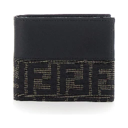 Black Bi-Fold Wallet with FF Motif in Leather and Fabric for Men