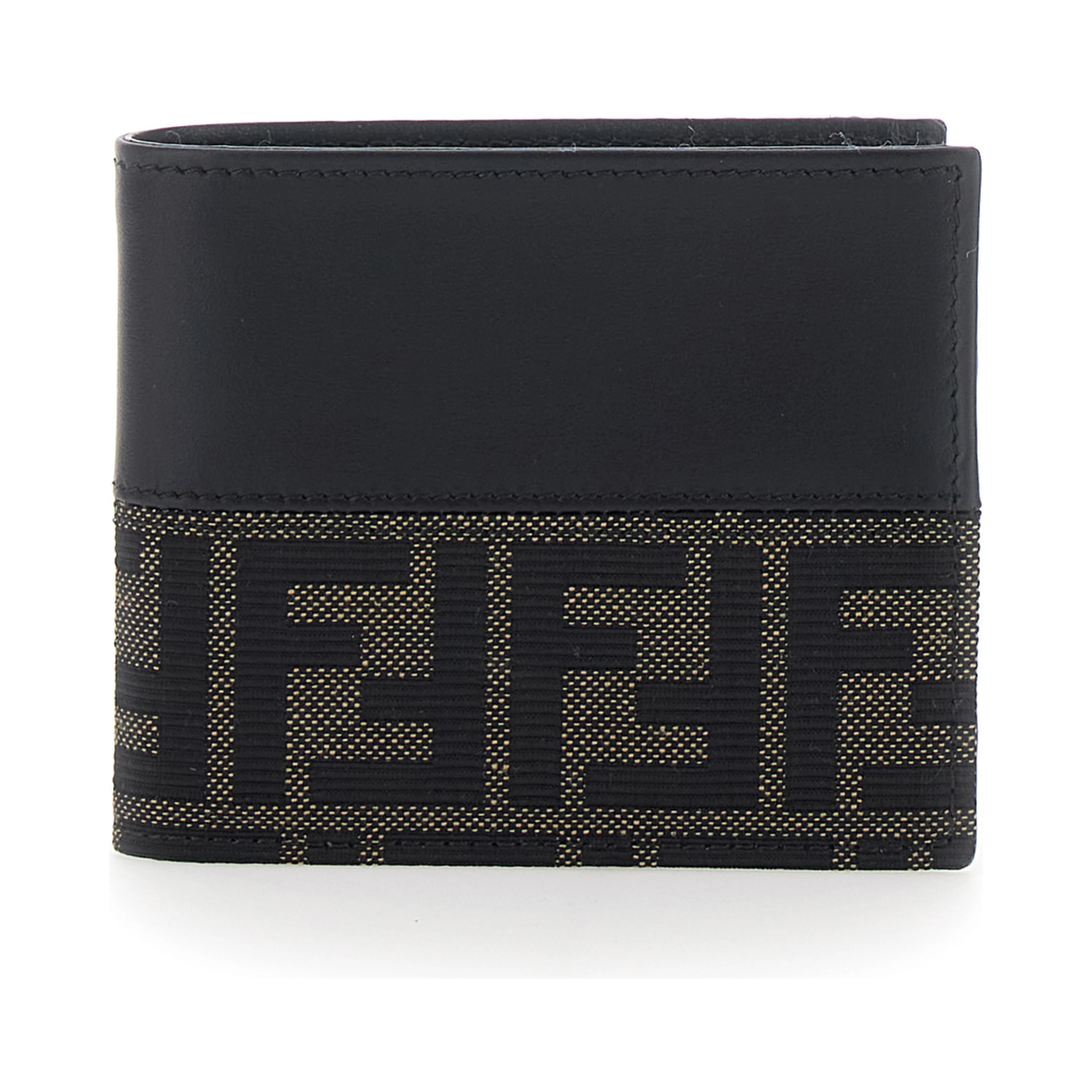 Black Bi-Fold Wallet with FF Motif in Leather and Fabric for Men