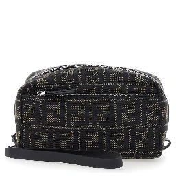 Brown Pouch with Wrist Strap in FF Canvas for Men