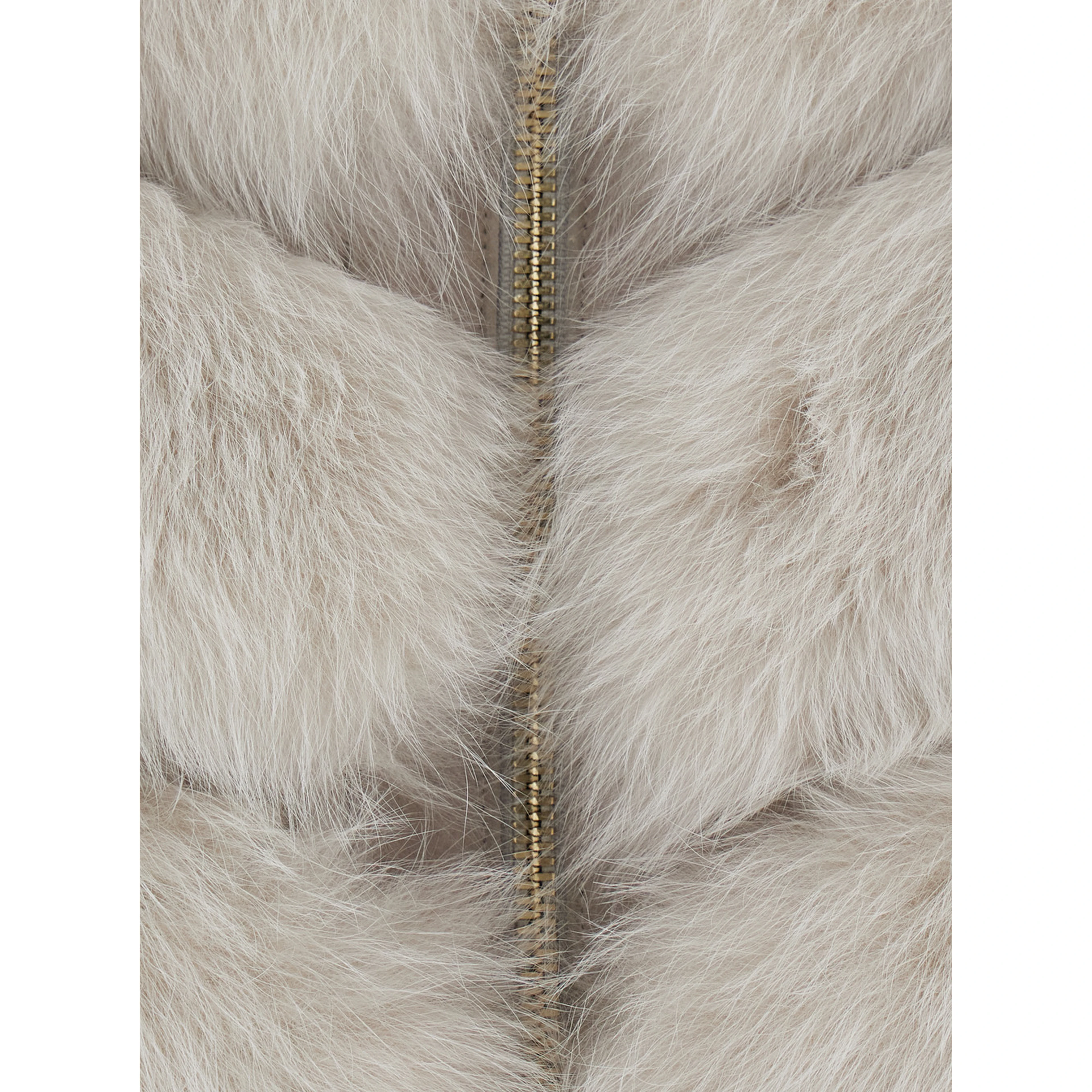 white fur with raised collar and front zip closure in fur for women