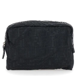 Black Pouch with top zip closure in FF canvas for men