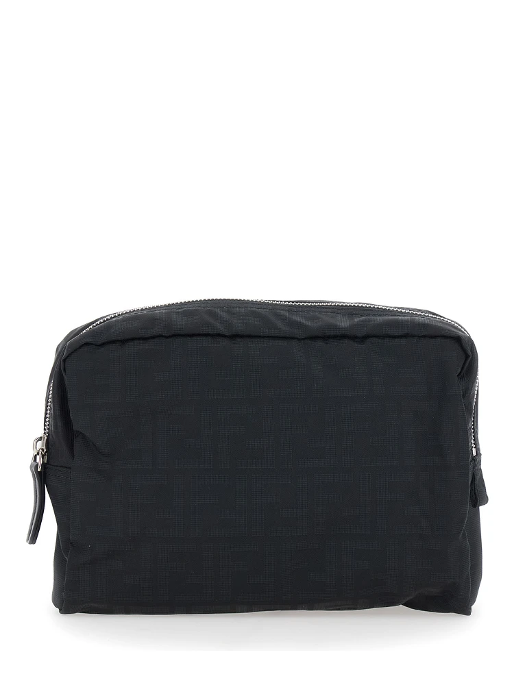 Black Pouch with top zip closure in FF canvas for men