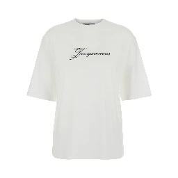 White T-Shirt with Round Neck and Logo on Front in Cotton for Women