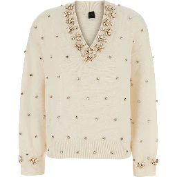 Pigolo White Sweater with V-Neck and Jewel Decorations in Wool and Cashmere for Women