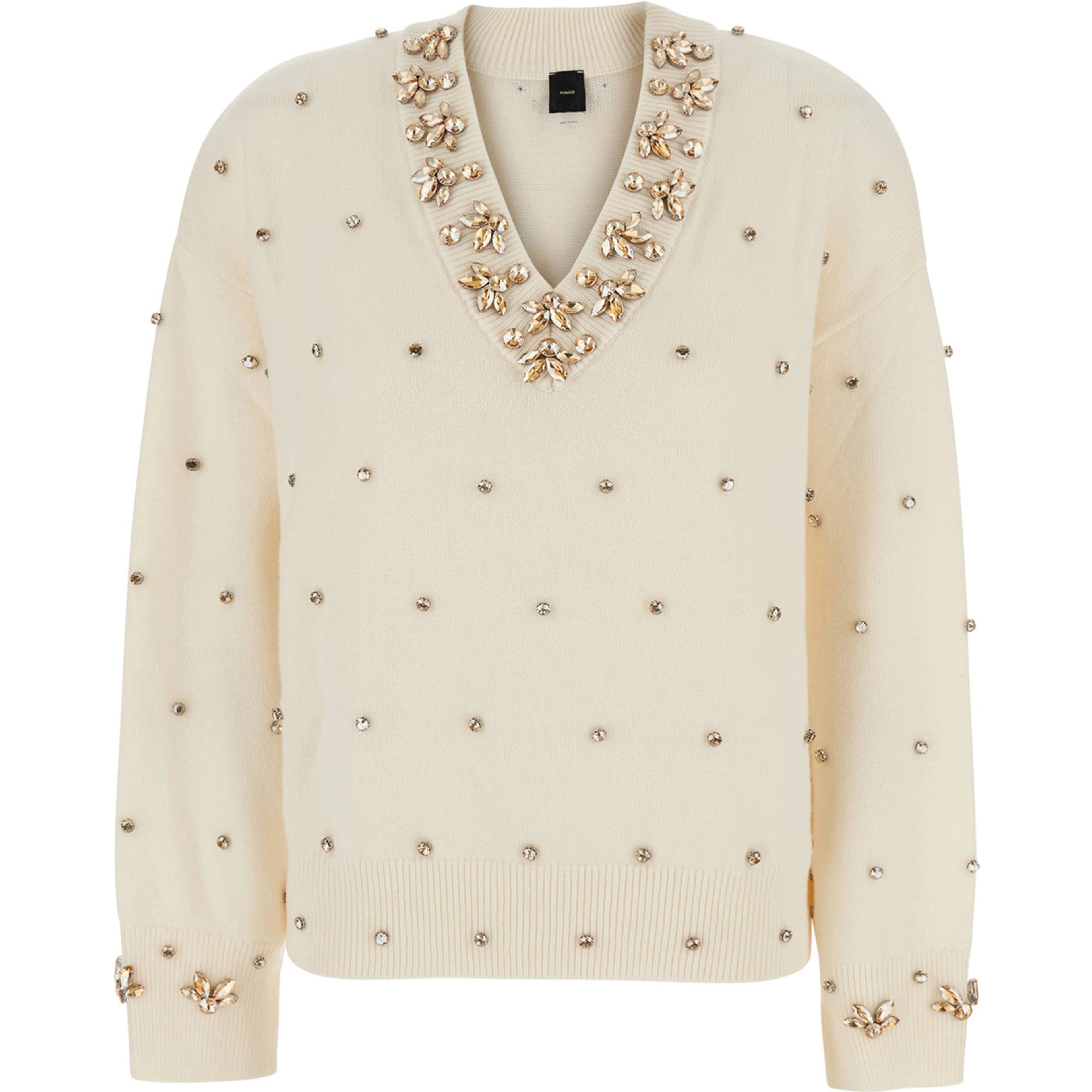 Pigolo White Sweater with V-Neck and Jewel Decorations in Wool and Cashmere for Women