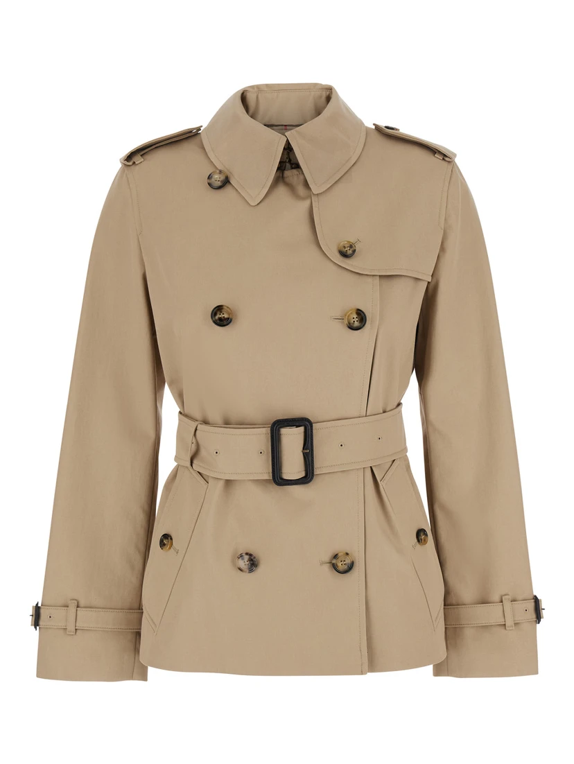Lakefield Beige Short Trench Coat  with collar and front belt in cotton for women