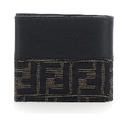 Black Bi-Fold Wallet with FF Motif in Leather and Fabric for Men