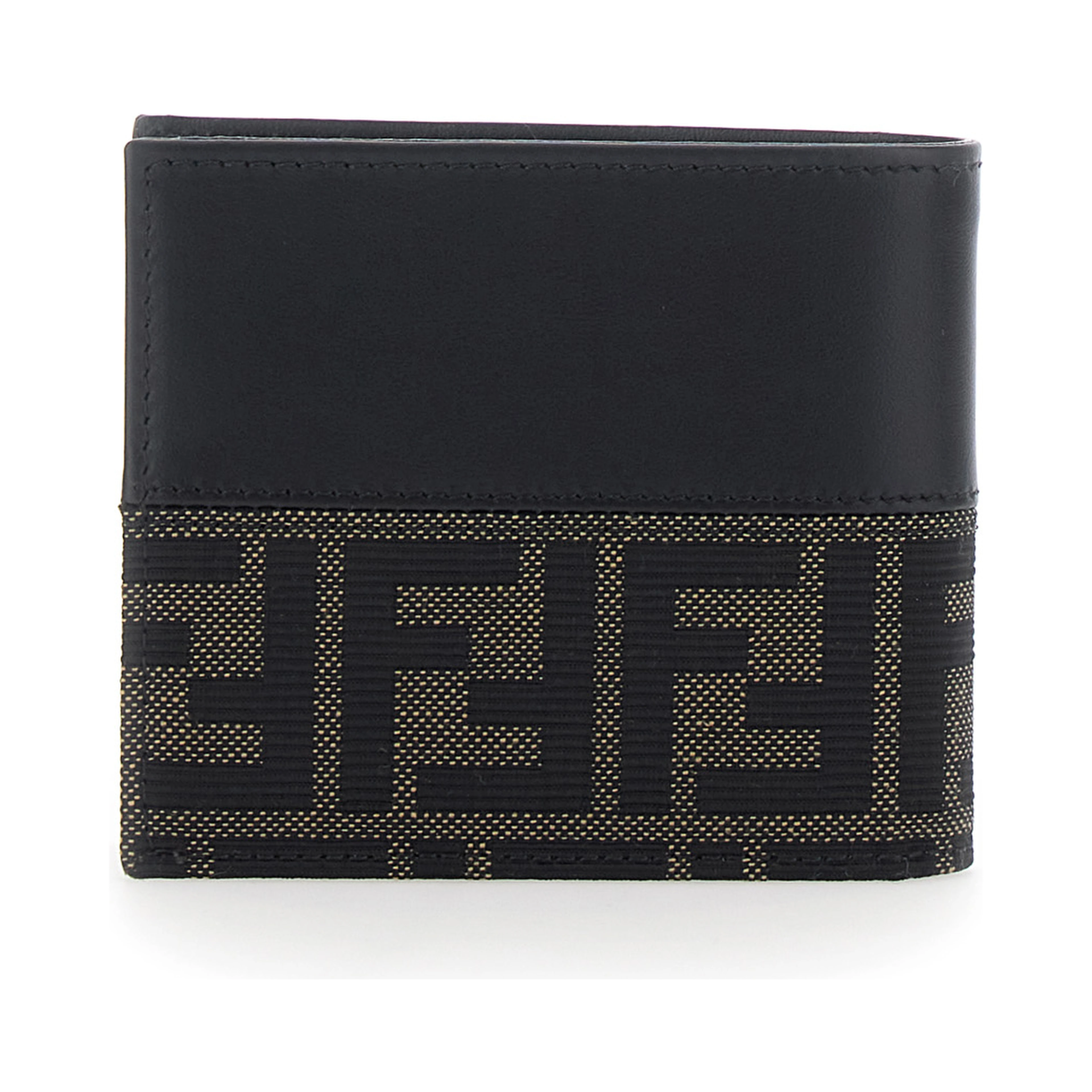 Black Bi-Fold Wallet with FF Motif in Leather and Fabric for Men