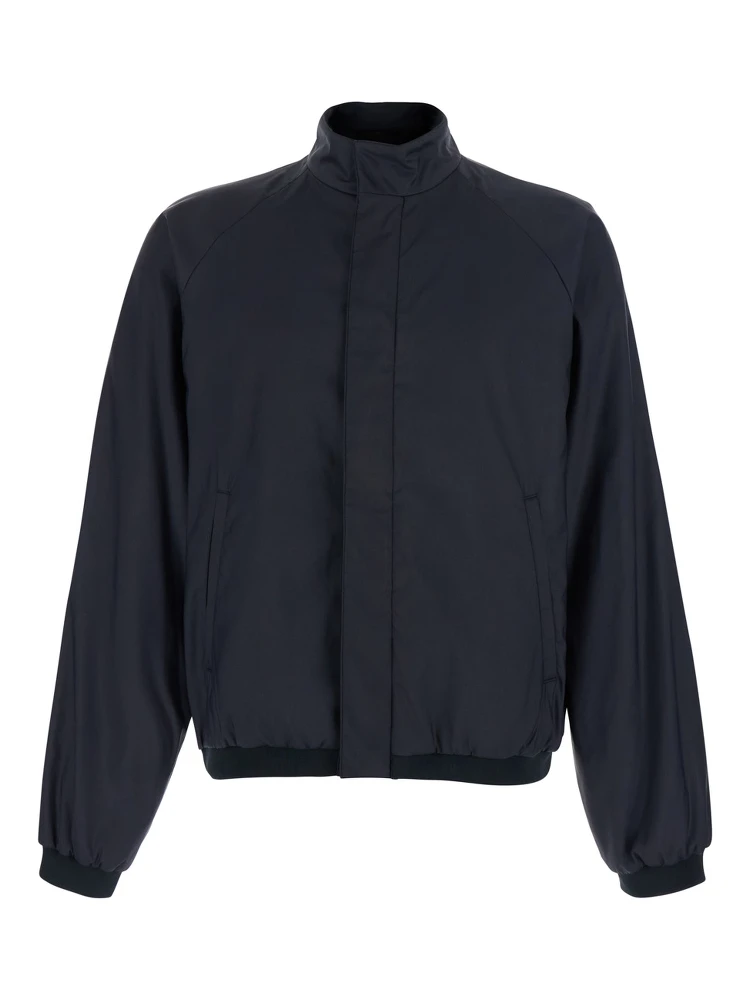 Black Jacket with high collar and hidden Web Stripe on the closure in Tech Fabric men