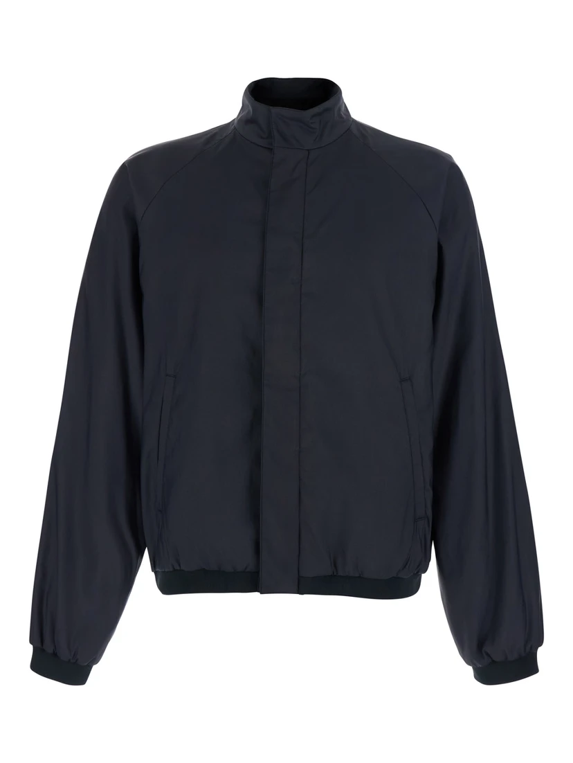 Black Jacket with high collar and hidden Web Stripe on the closure in Tech Fabric men