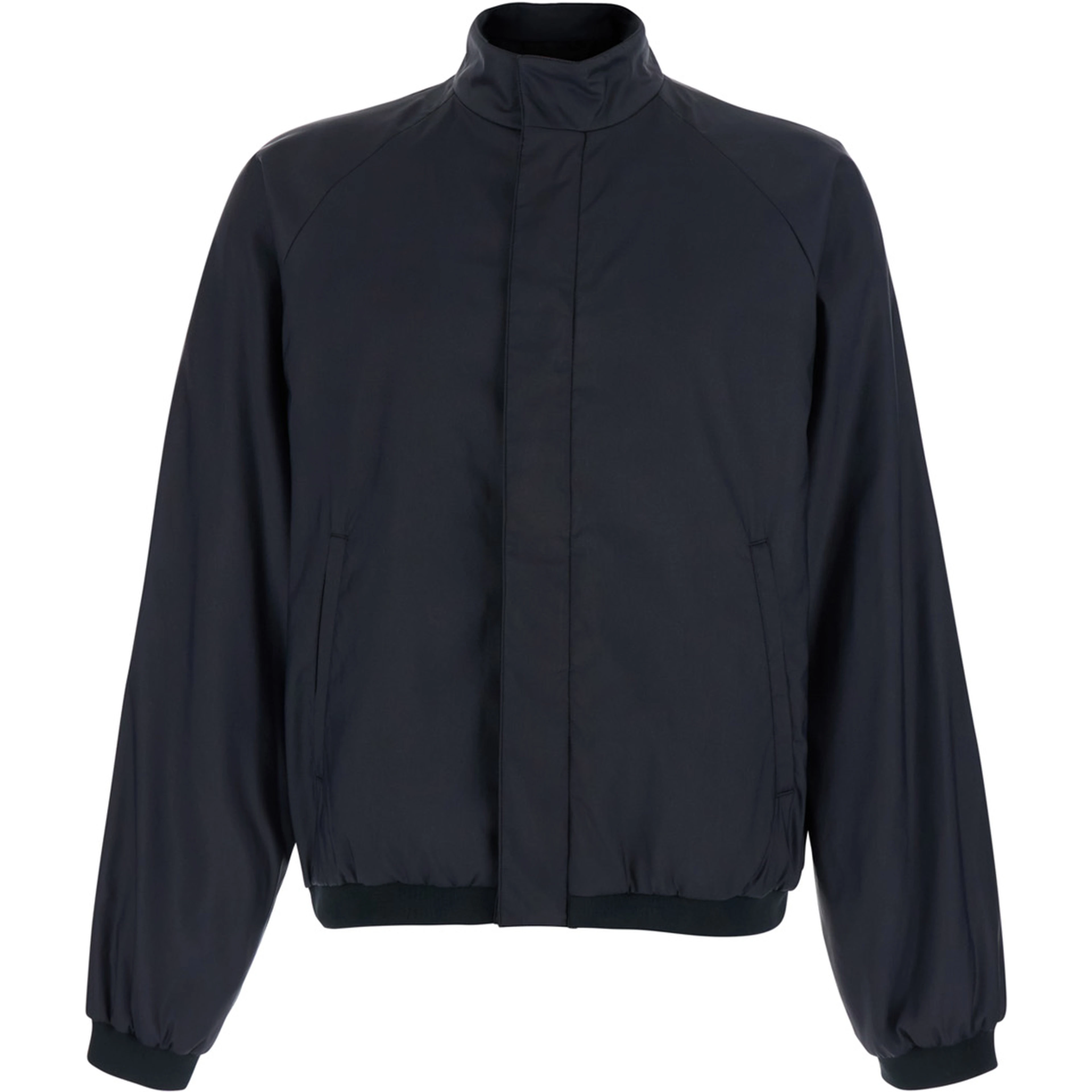 Black Jacket with high collar and hidden Web Stripe on the closure in Tech Fabric men