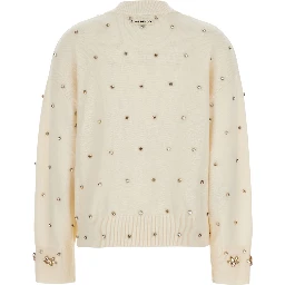Pigolo White Sweater with V-Neck and Jewel Decorations in Wool and Cashmere for Women