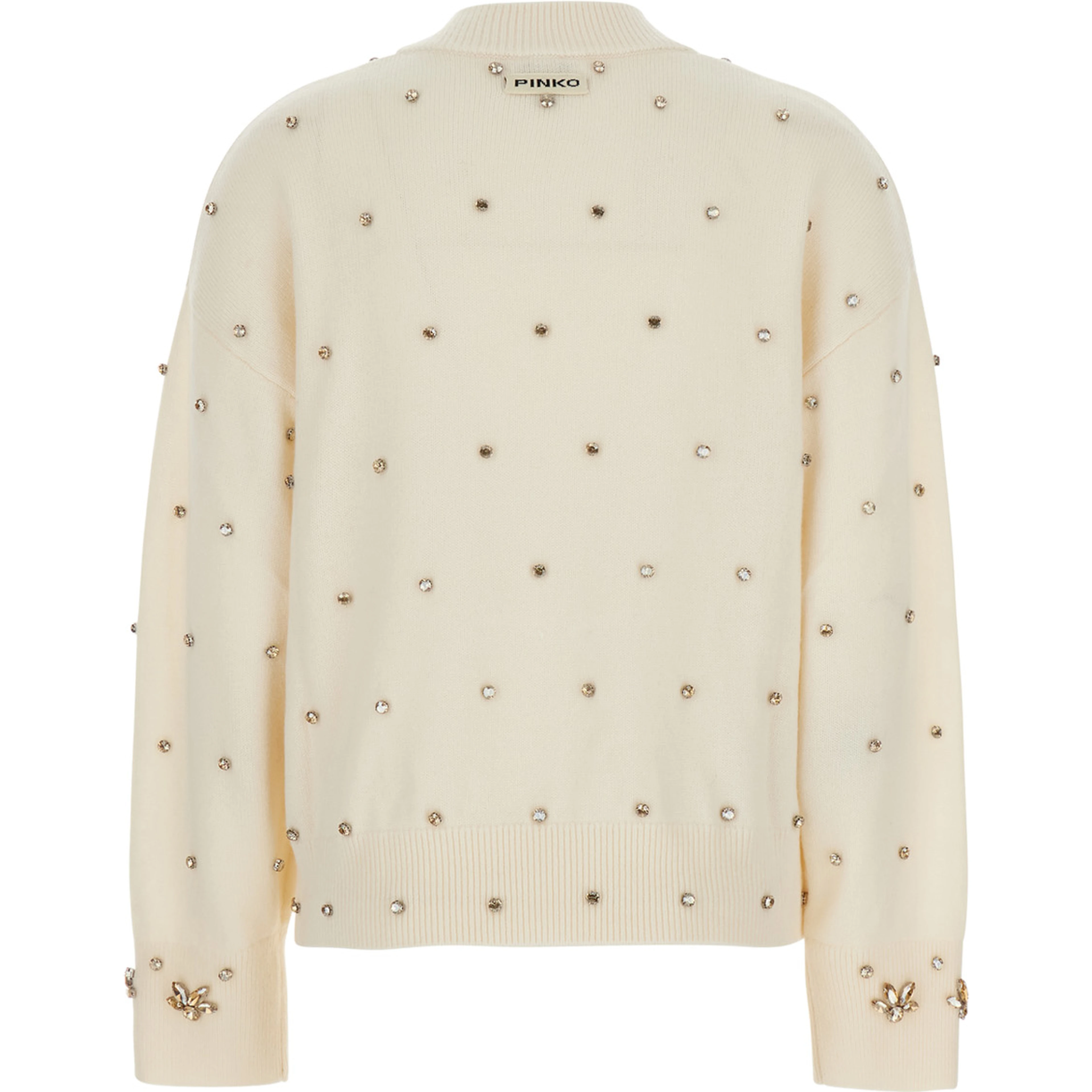 Pigolo White Sweater with V-Neck and Jewel Decorations in Wool and Cashmere for Women