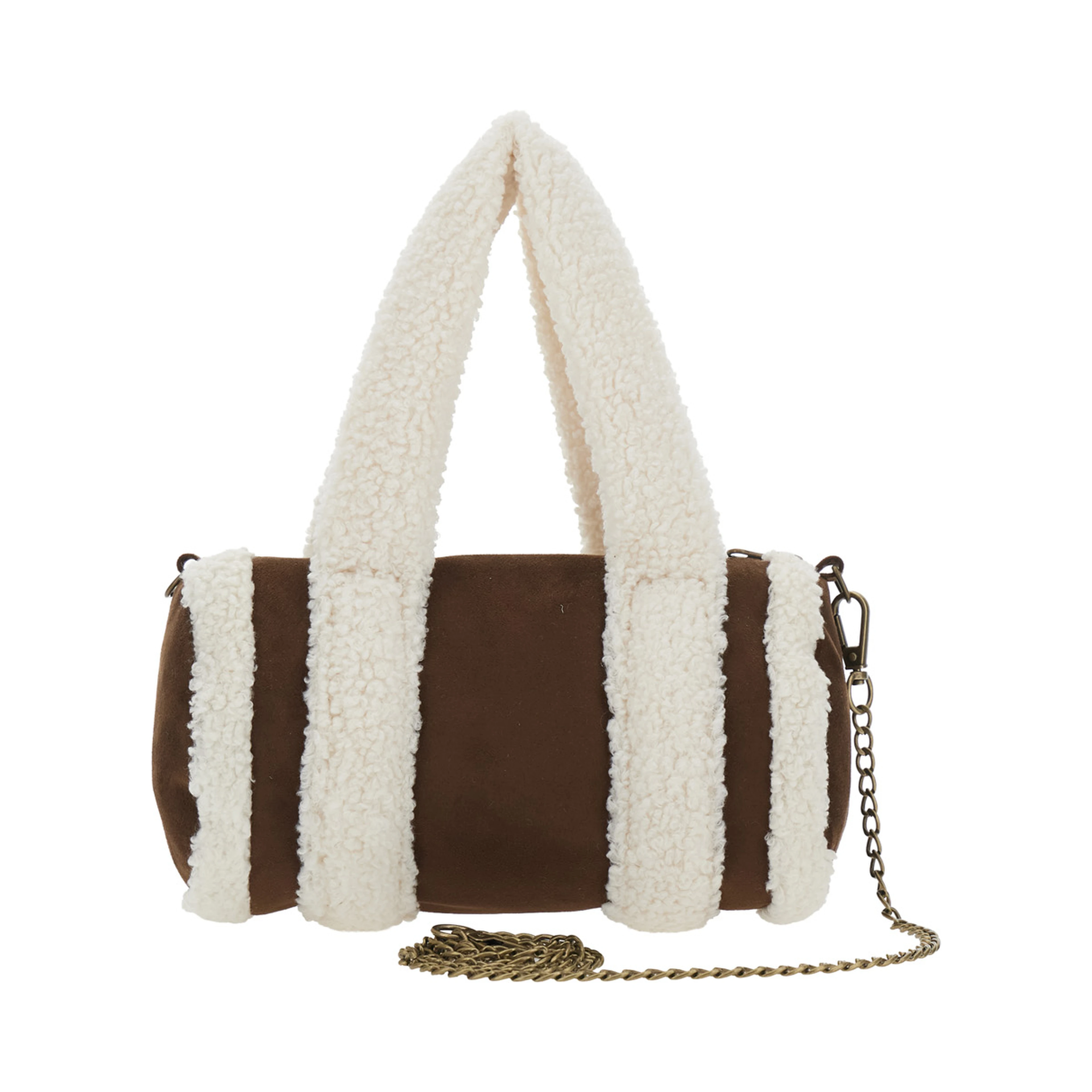 Brown Shoulder bag with Fur Handles and Logo lettering on the Front in Tech Fabric Girl