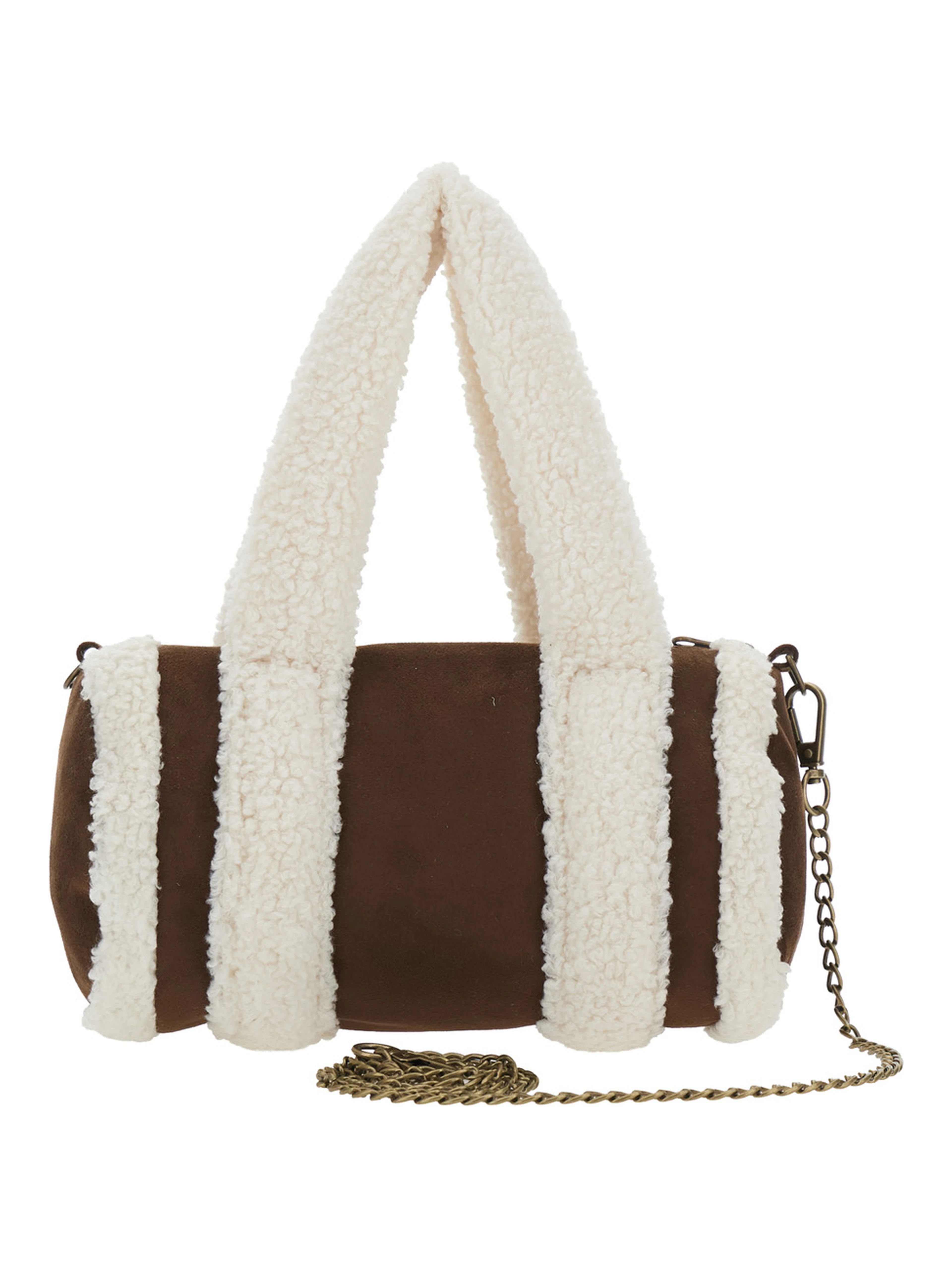 Brown Shoulder bag with Fur Handles and Logo lettering on the Front in Tech Fabric Girl