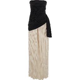 Black and White Long Dress with Boat Neckline and All-Over Pleats in fabric for Women
