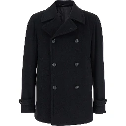 Black Coat with Button Closure and Welt Pockets in Wool