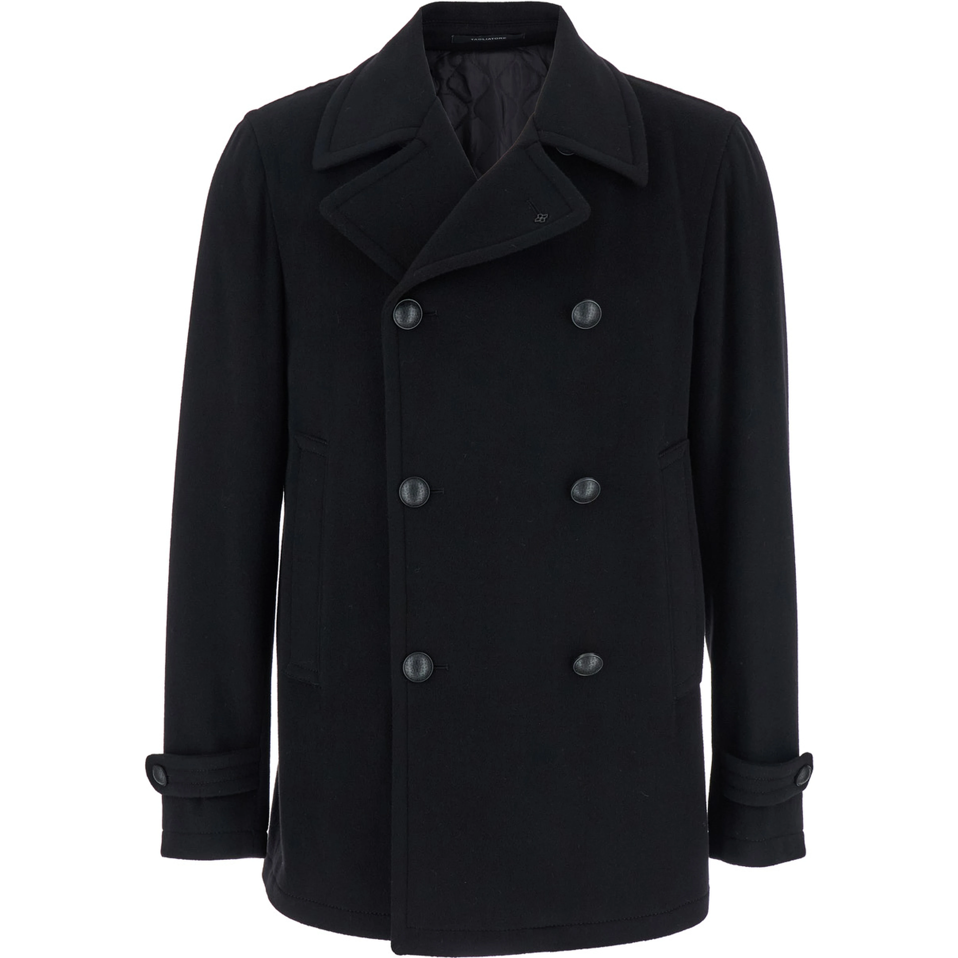 Black Coat with Button Closure and Welt Pockets in Wool