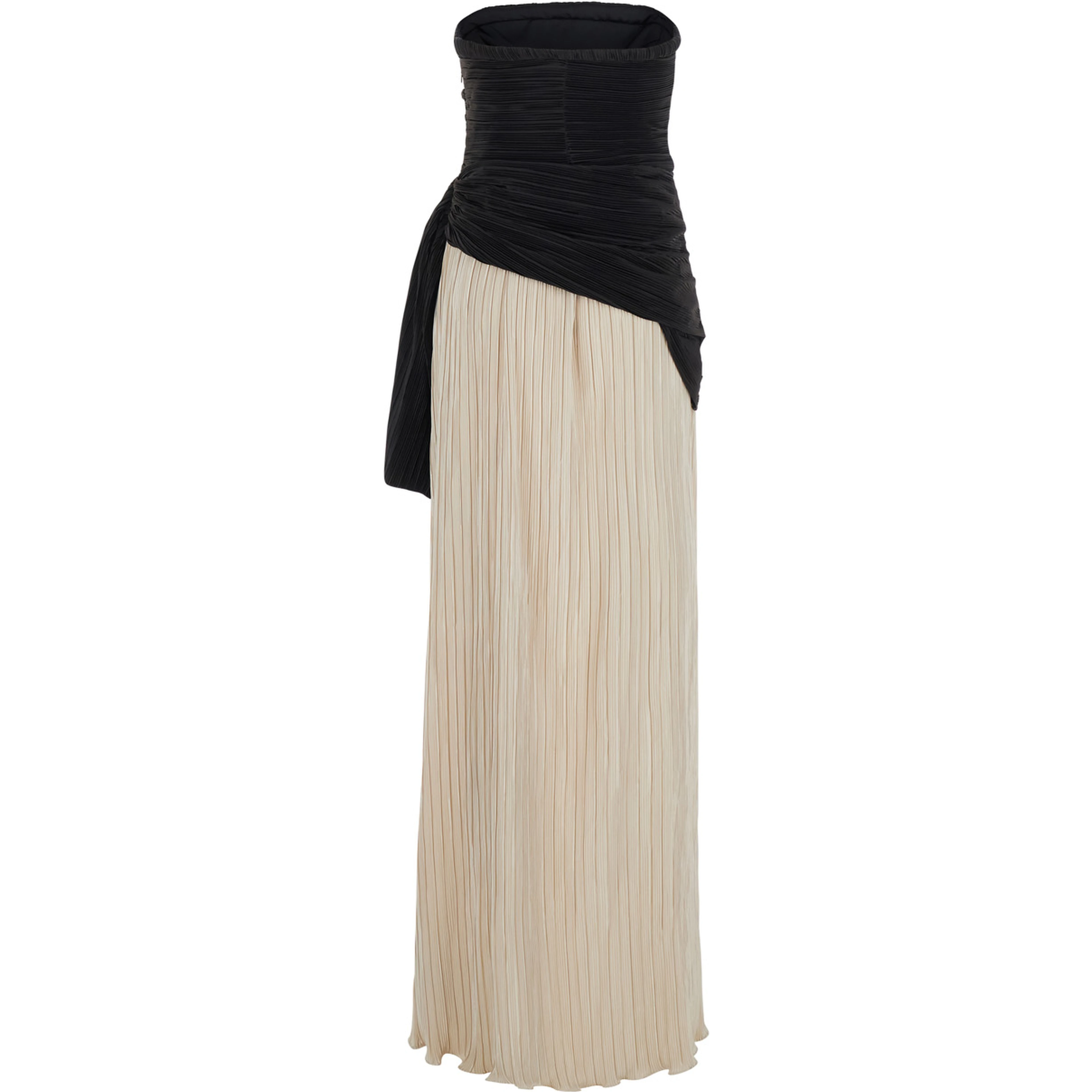Black and White Long Dress with Boat Neckline and All-Over Pleats in fabric for Women