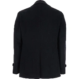 Black Coat with Button Closure and Welt Pockets in Wool