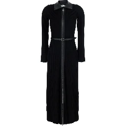 Black Shirt Collar Dress with Waist Belt in Viscose Women