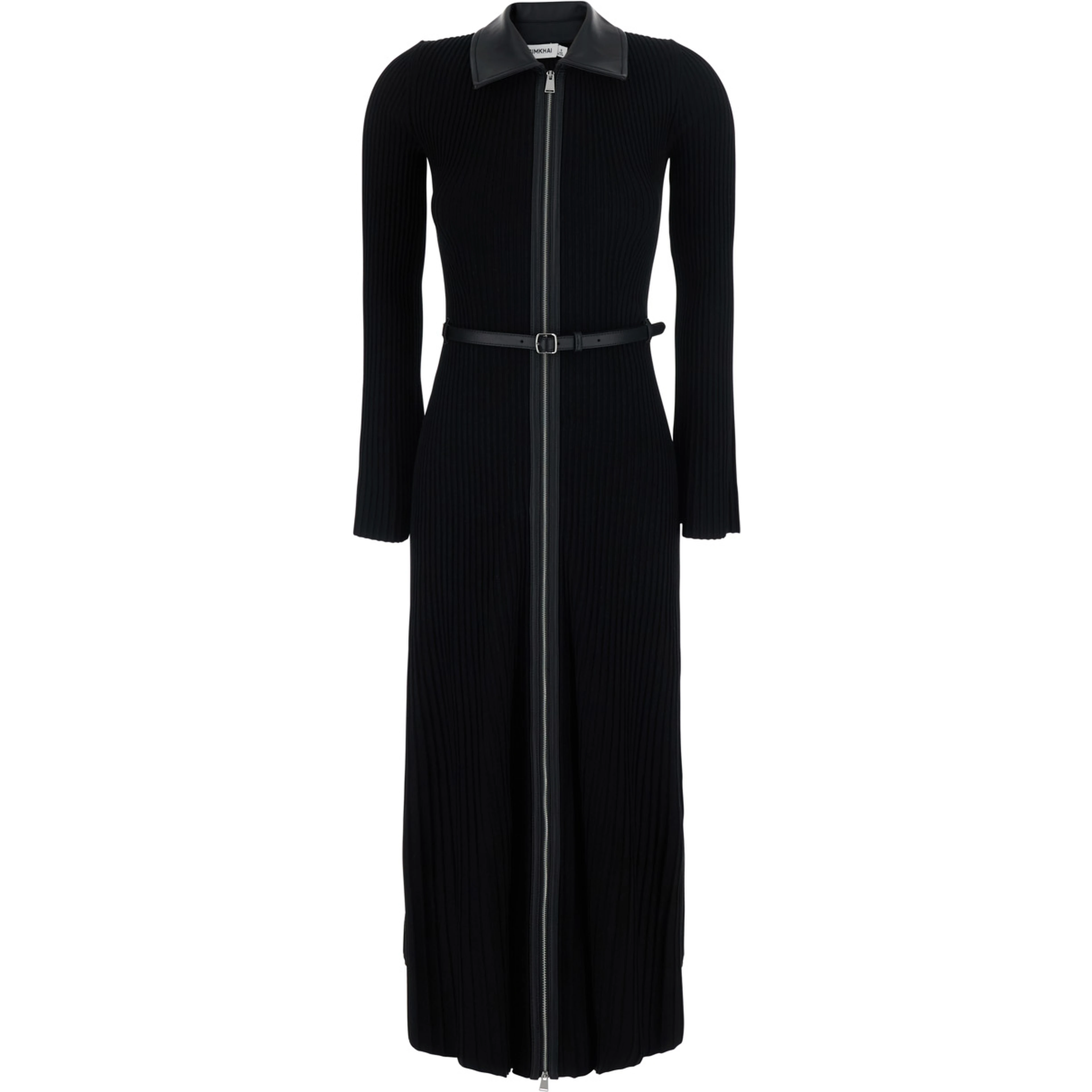 Black Shirt Collar Dress with Waist Belt in Viscose Women
