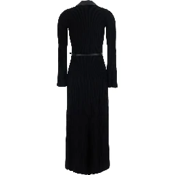 Black Shirt Collar Dress with Waist Belt in Viscose Women