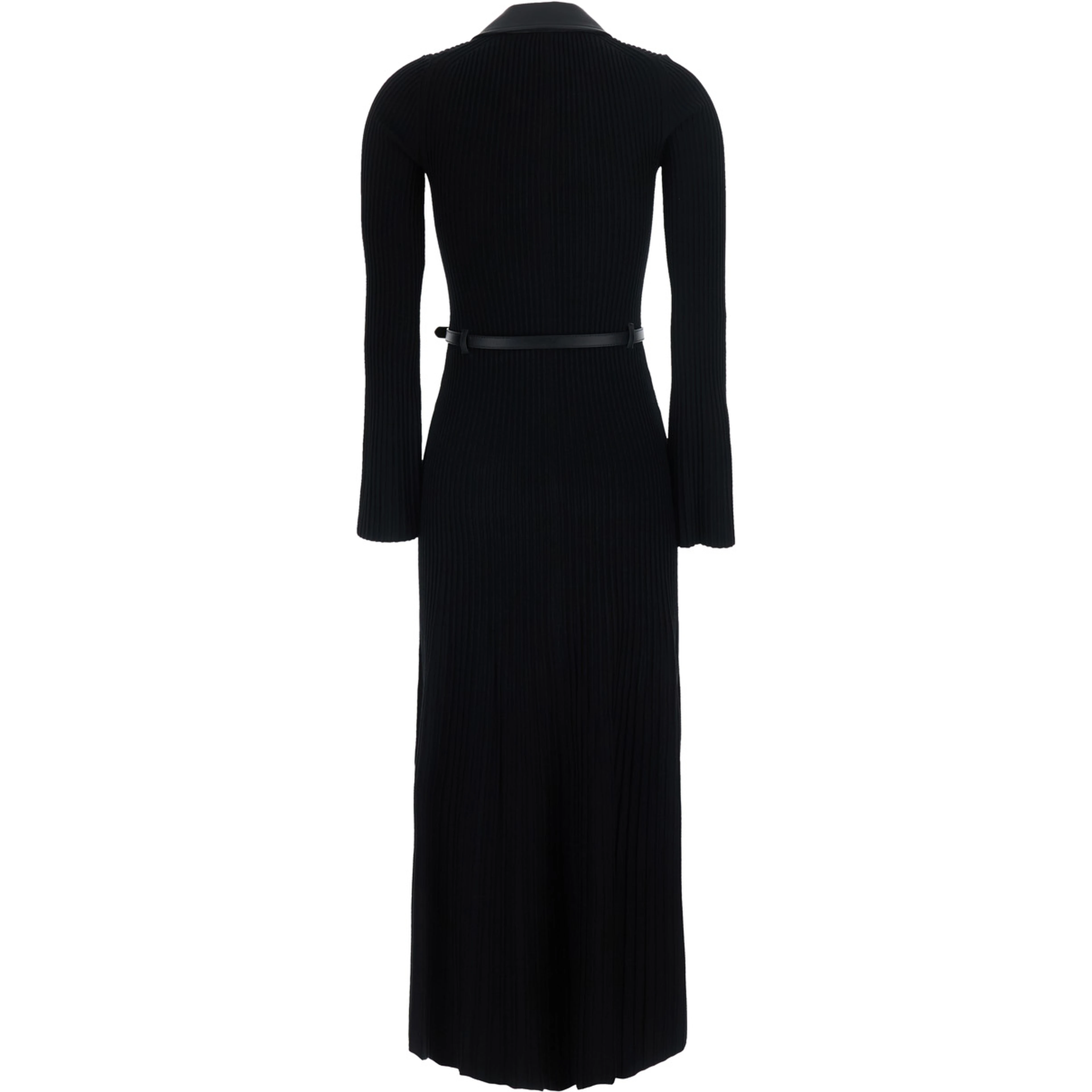 Black Shirt Collar Dress with Waist Belt in Viscose Women