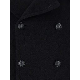 Black Coat with Button Closure and Welt Pockets in Wool