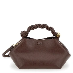 Small Ganni Bou Brown Handbag with Butterfly Logo and Hand-Braided Strands in Leather Woman