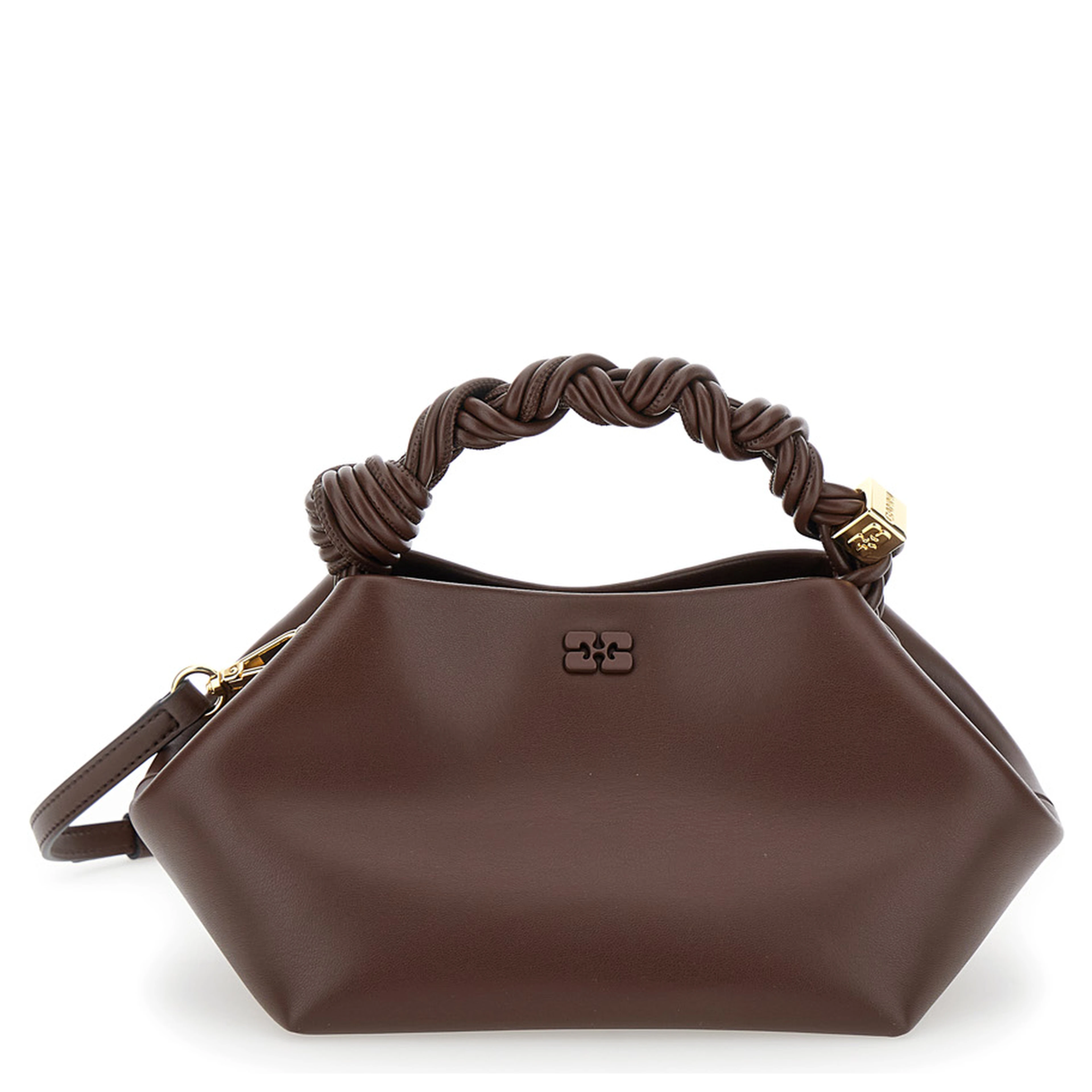 Small Ganni Bou Brown Handbag with Butterfly Logo and Hand-Braided Strands in Leather Woman