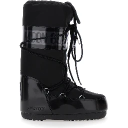 Snow Boots Icon with Maxi Logo Print on the Side in Black Tech Fabric for Women