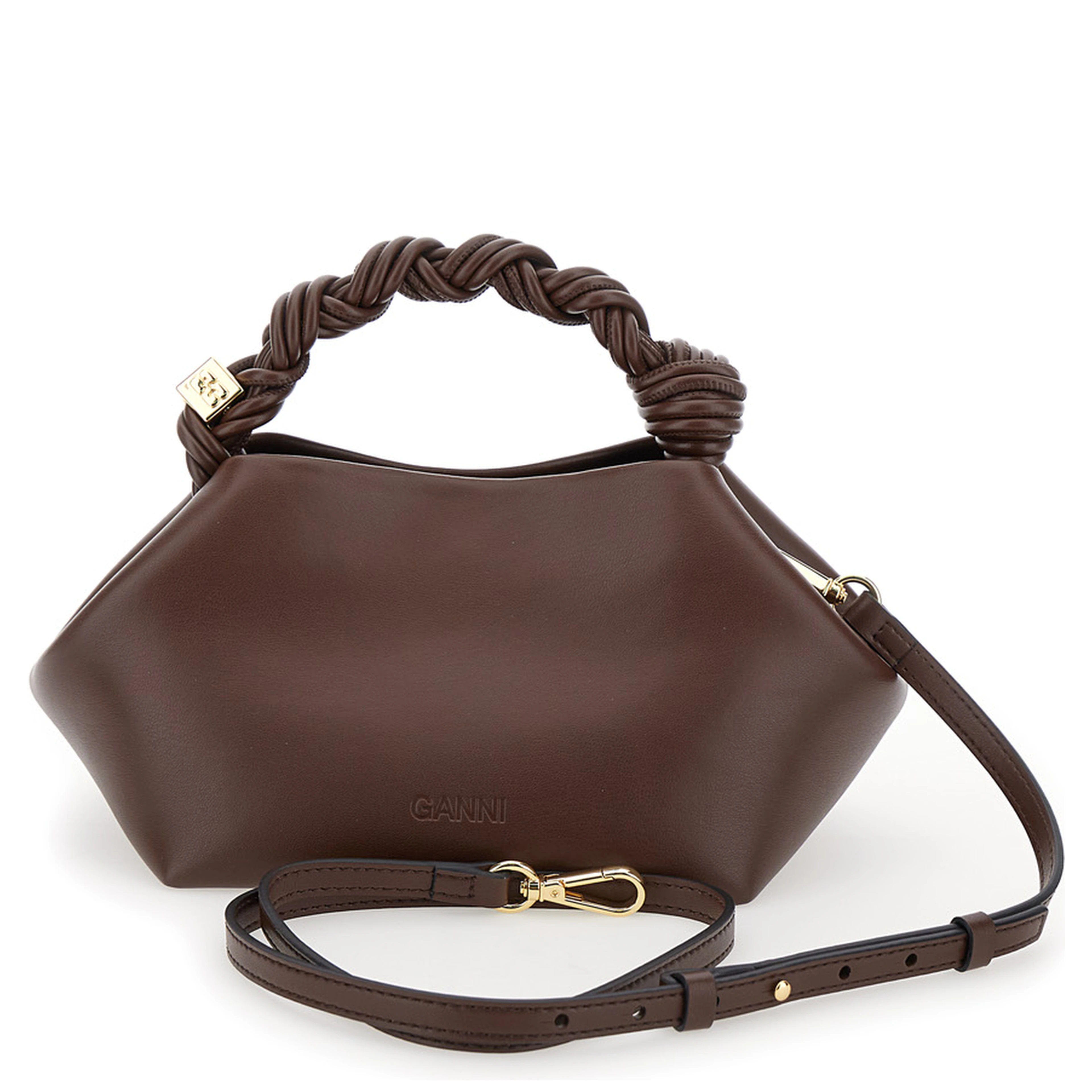 Small Ganni Bou Brown Handbag with Butterfly Logo and Hand-Braided Strands in Leather Woman