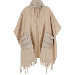 Poncho with high collar and two pockets in wool and nylon beige women