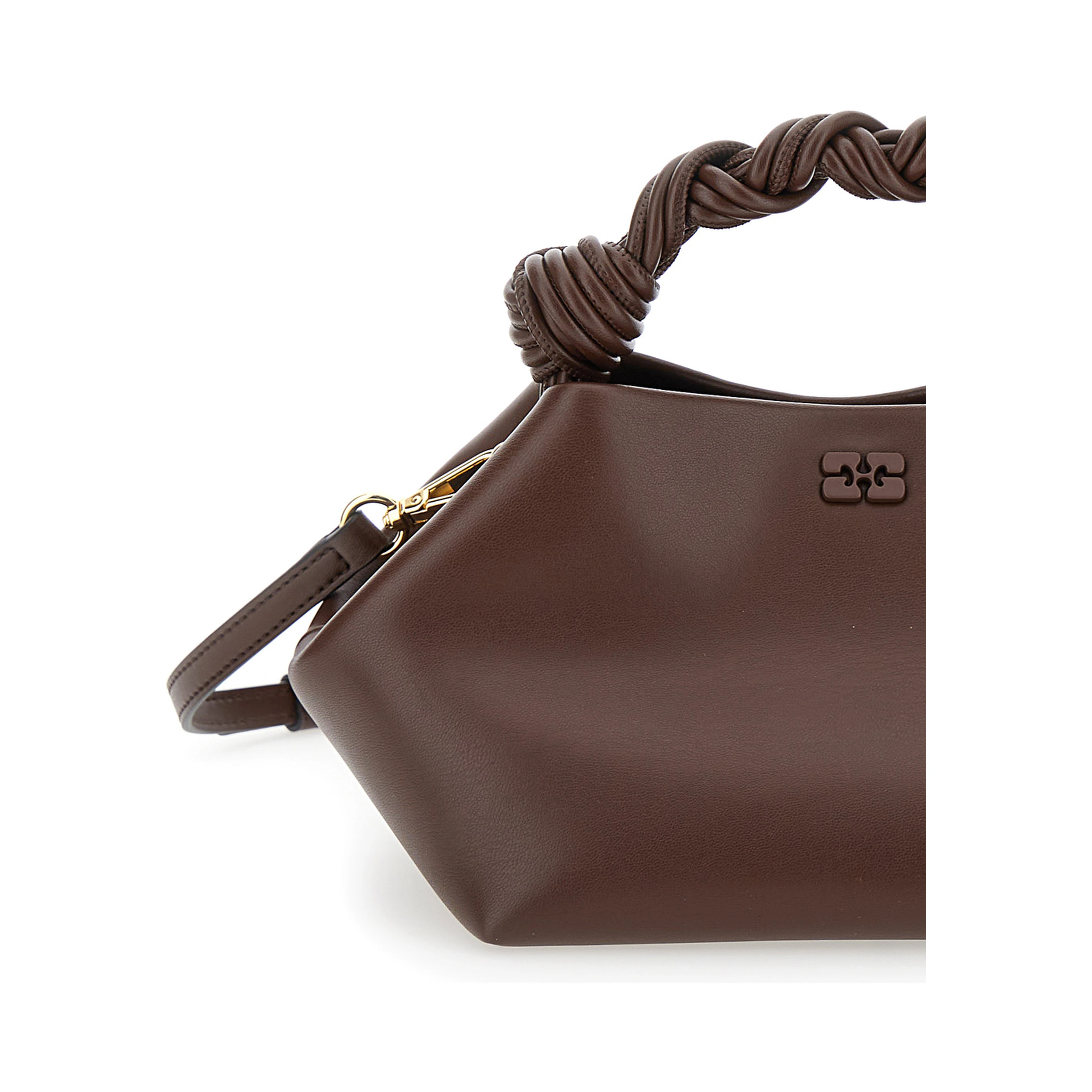 Small Ganni Bou Brown Handbag with Butterfly Logo and Hand-Braided Strands in Leather Woman